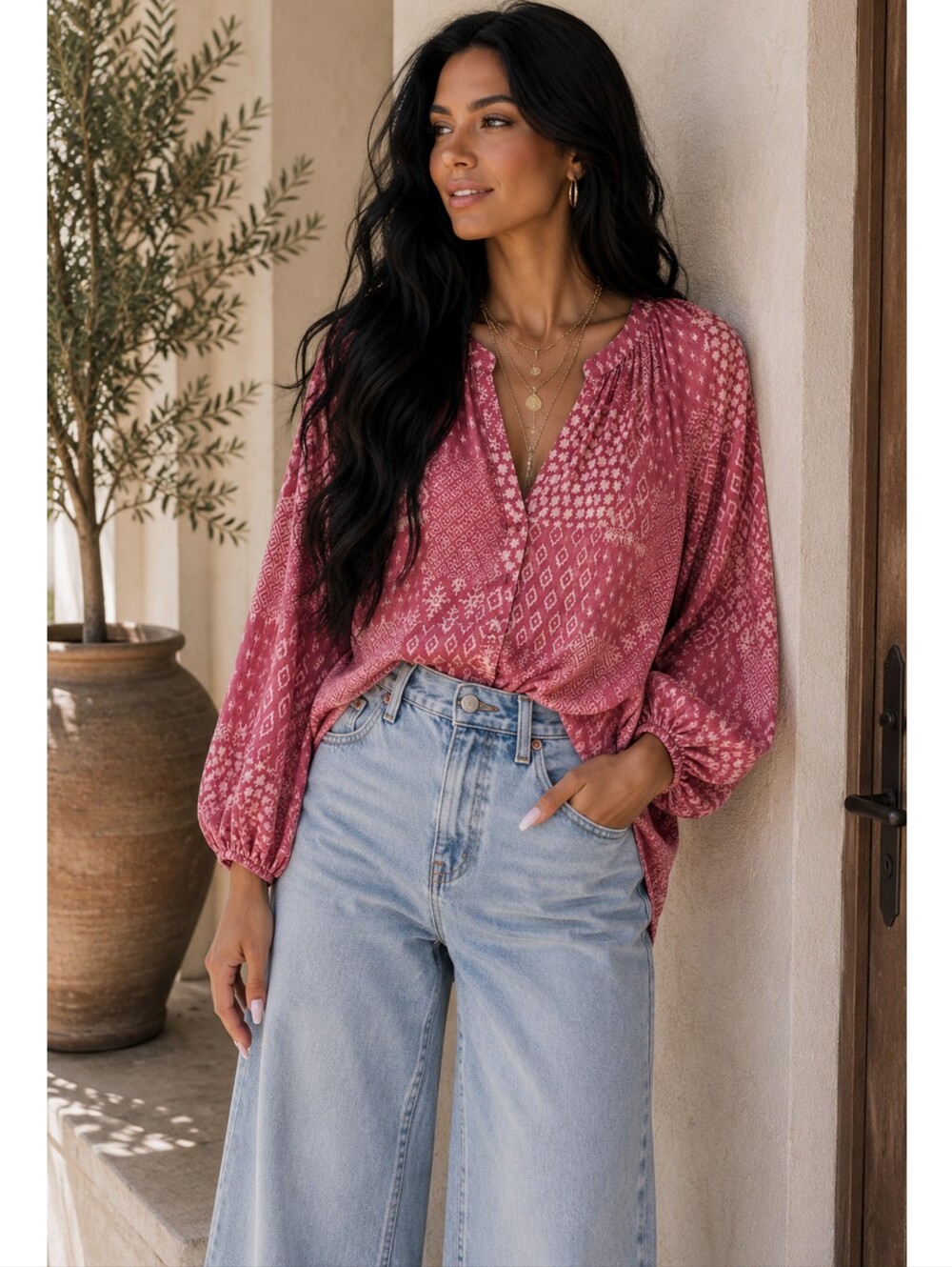 Xirena Silk Cotton Patchwork Boho Blouse Pink Peasant Top USA Made Small